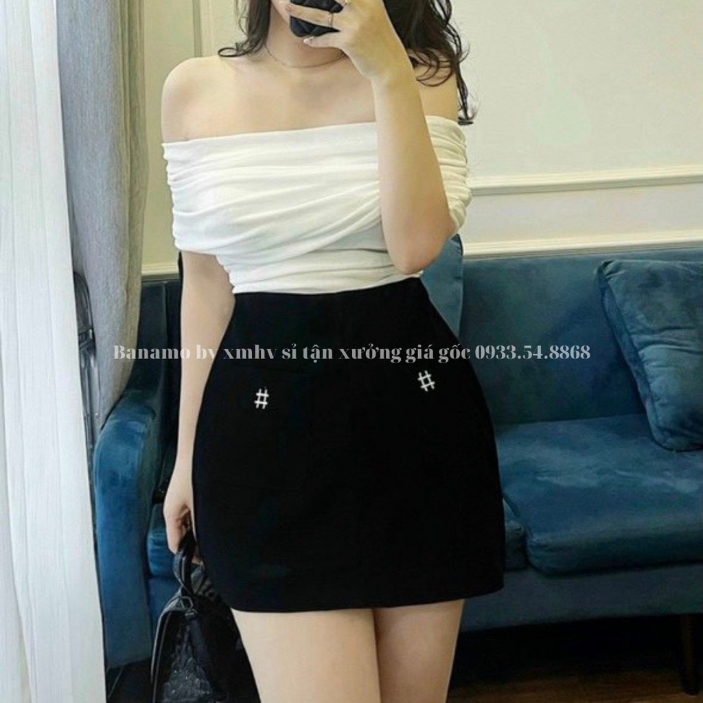 Chân váy nữ thêu hashtag chất tuyết mưa siêu đẹp thời trang Banamo Fashion váy nữ thêu hashtag 5344
