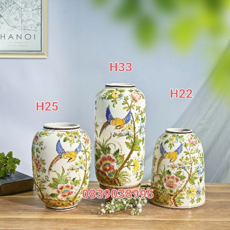 LỌ HOA VẼ TAY HOA VÀNG BÁT TRÀNG CAO 25CM.