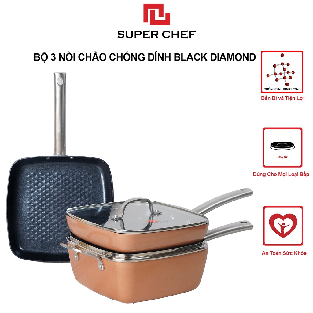 Bộ 3 Nồi Chảo Chống Dính Black Diamond Cao Cấp Bền Hơn 79%, Cứng Hơn 33%