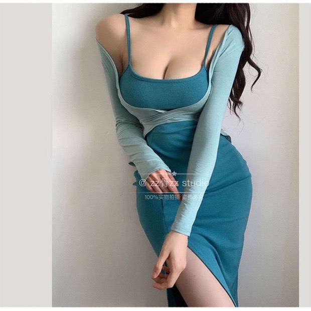Spot New Arrivals European and American Sexy Femininity Showing Breasts and Showing Body Dress Suit Long Sleeve Waist Shawl Bag Hip Sling Long Skirt Single Piece/Set Z4