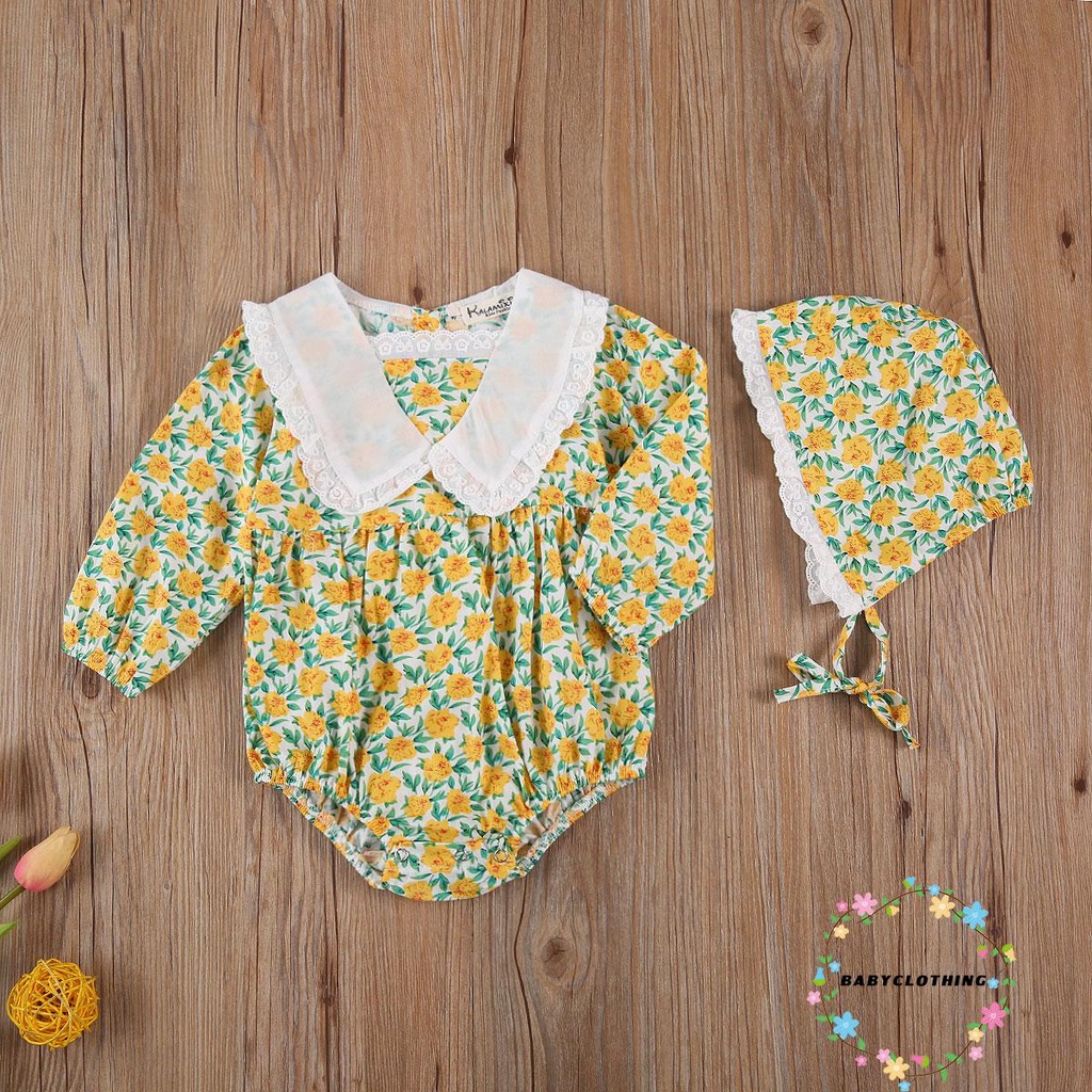 Set Áo Liền Quần Và Nón Họa Tiết In Hoa Đáng Yêu Cho Bé