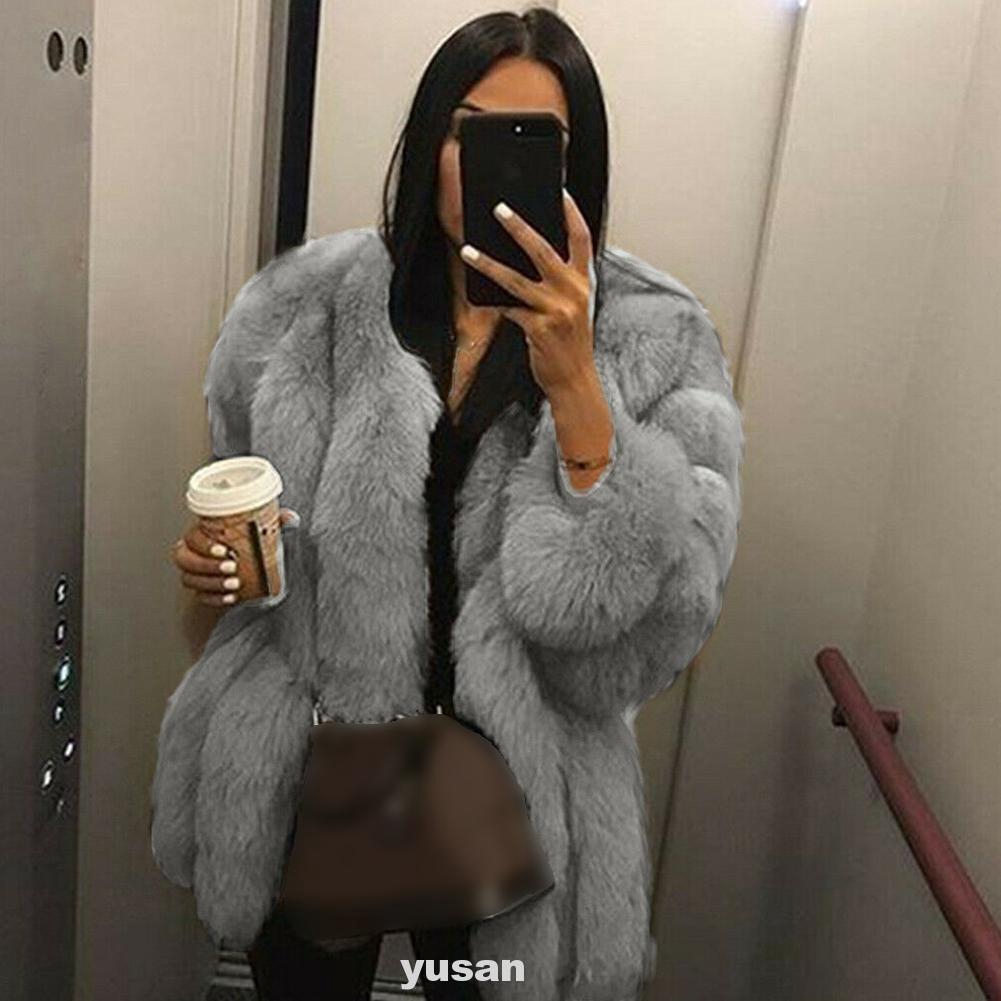 Áo Khoác Lông Thú Tay Dài Màu Trơn Thiết Kế Cổ Tròn Thanh Lịch