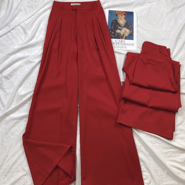 Quần suông ống rộng nữ Delys - Quần xuông đỏ cạp cao vải tuyết mưa mềm không nhăn, không bám bụi | BigBuy360 - bigbuy360.vn