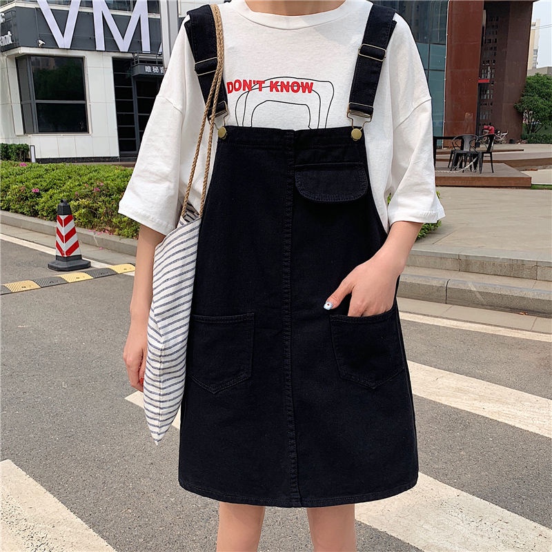 Đầm yếm denim màu trơn dáng rộng phong cách Hàn Quốc thời trang mùa hè cho nữ