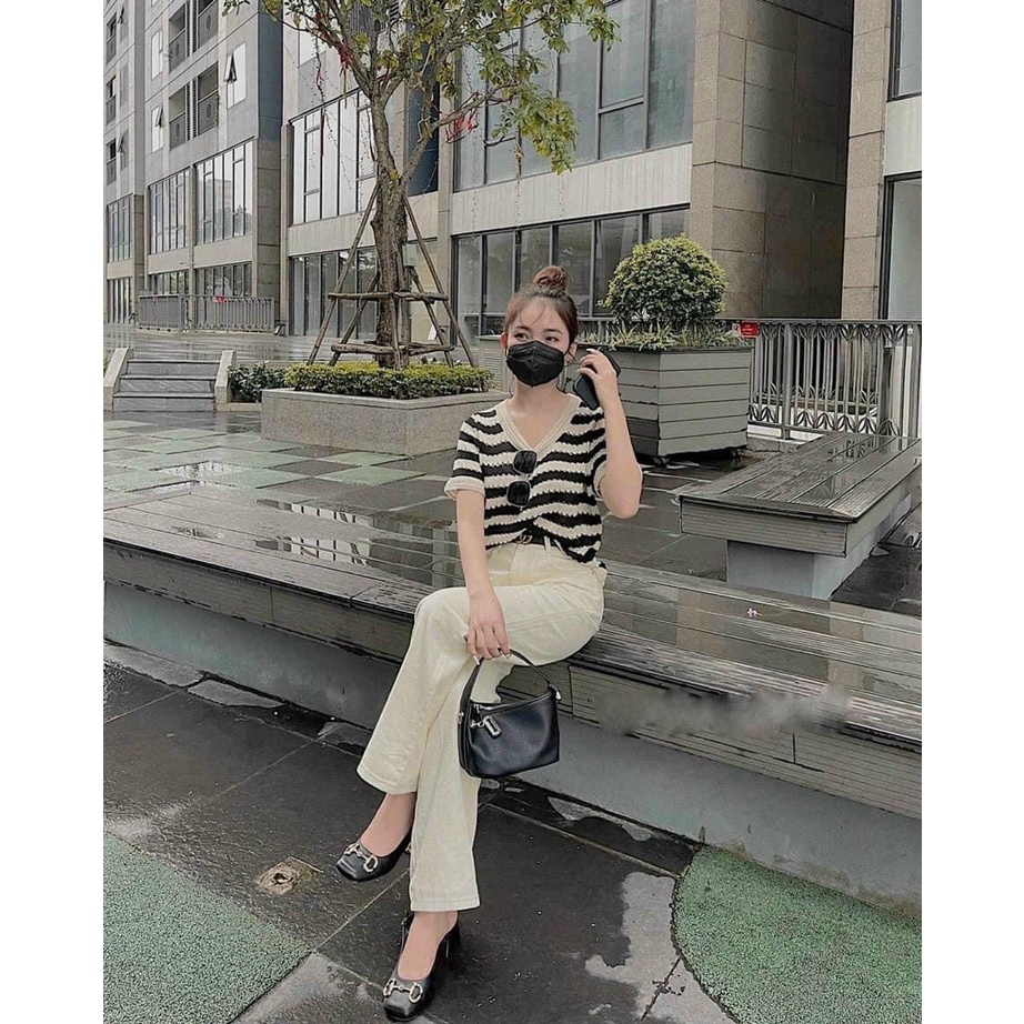 Áo len nữ dệt thủng, áo dệt kim dáng rộng kẻ sọc đen be thời trang hàn quốc cho nữ ..