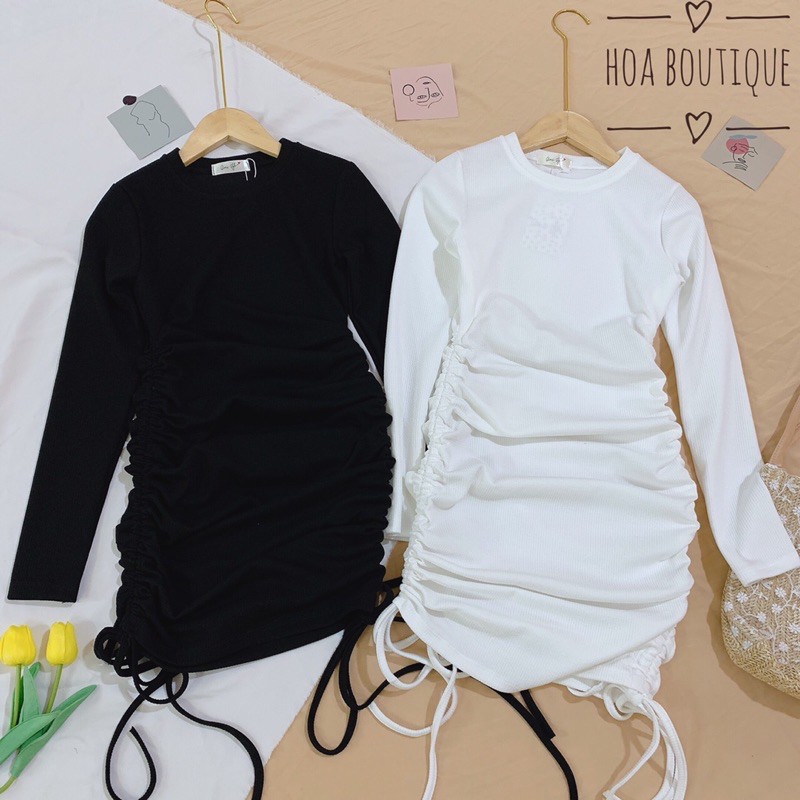 Đầm len tăm body tay dài rút dây hai bên phong cách sang chảnh