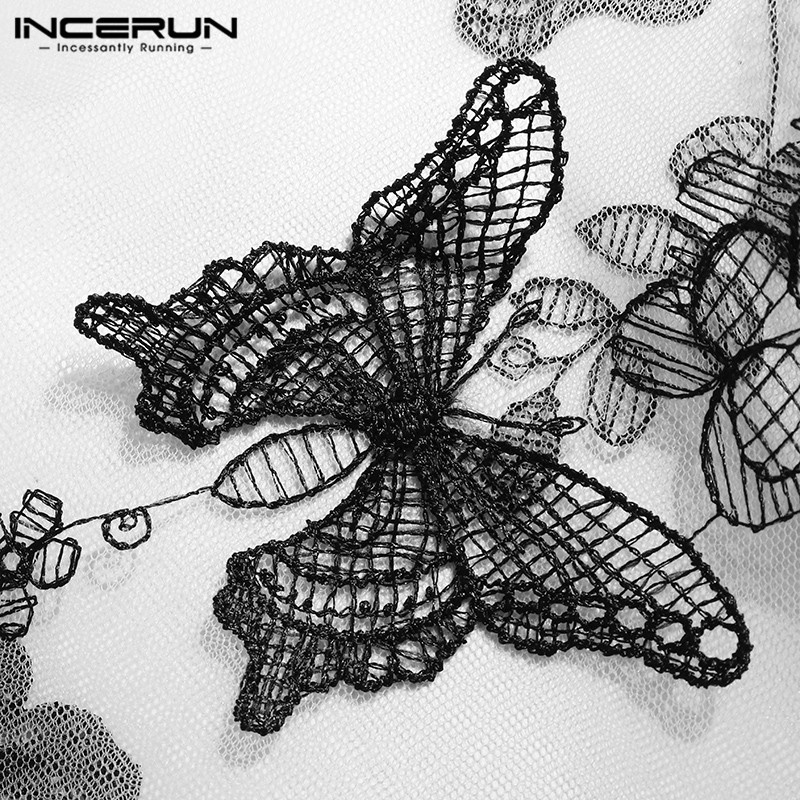 Áo sơ mi INCERUN tay ngắn xuyên thấu thêu hình bướm thời trang cho nam