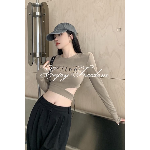 Enjoy Freedom Áo Thun Croptop Tay Dài Dáng Ôm In Chữ Thời Trang Thu Đông 2022