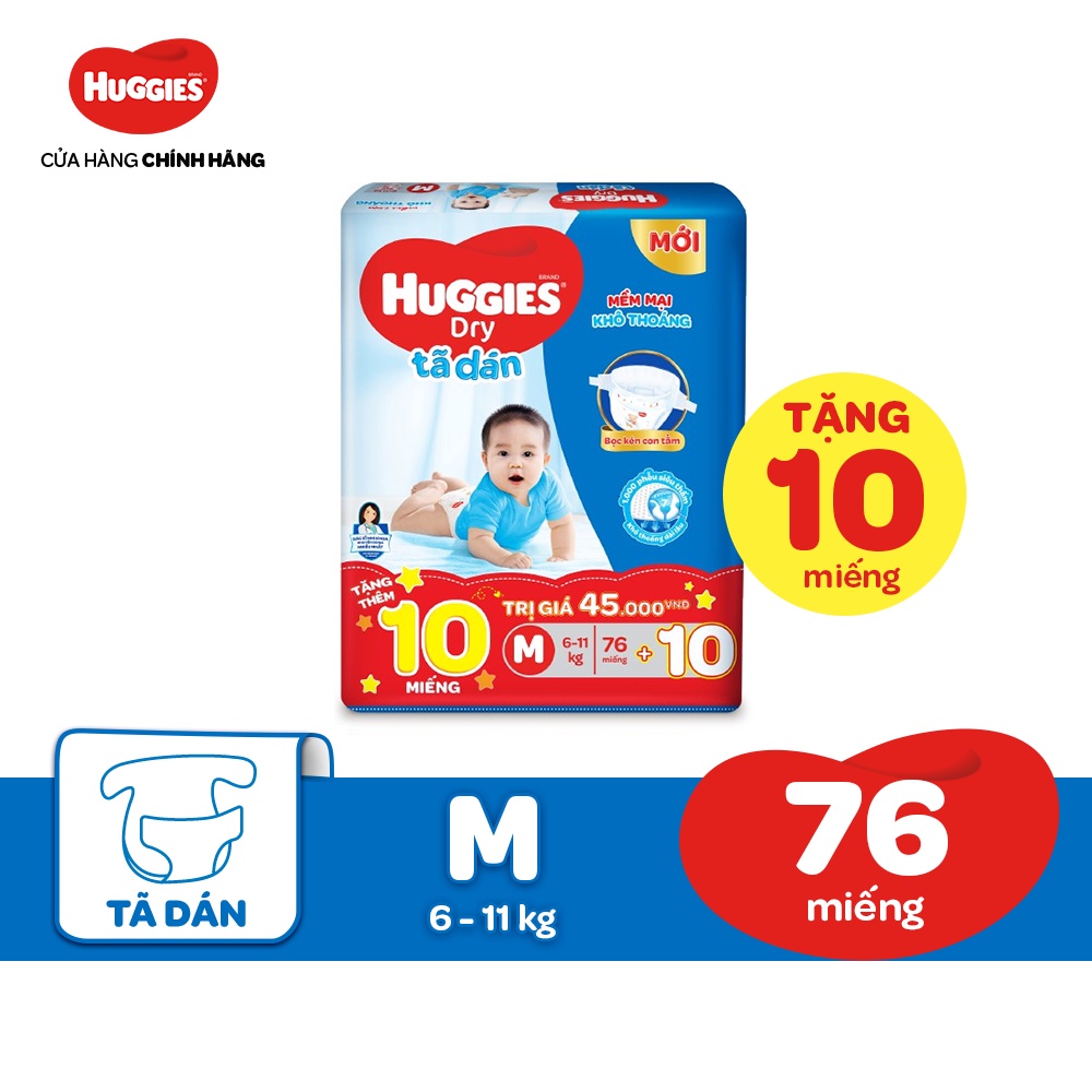 [Mã MKBHUGBU giảm 12% đơn từ 400K] Tã dán HUGGIES DRY SUPER JUMBO M76 (6-11kg) - Gói 76 miếng + tặng 10 miếng