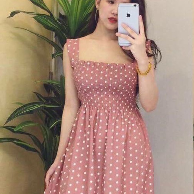 Đầm maxi chấm bi thun ôm hai dây xinh