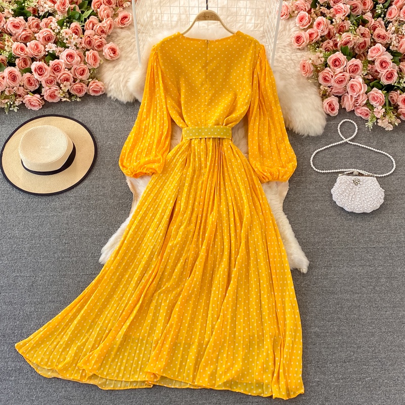 #1421   Đầm tay dài hoạ tiết chấm bi 5 màu có 2 lớp chất voan lụa kè belt thắt eo freesize