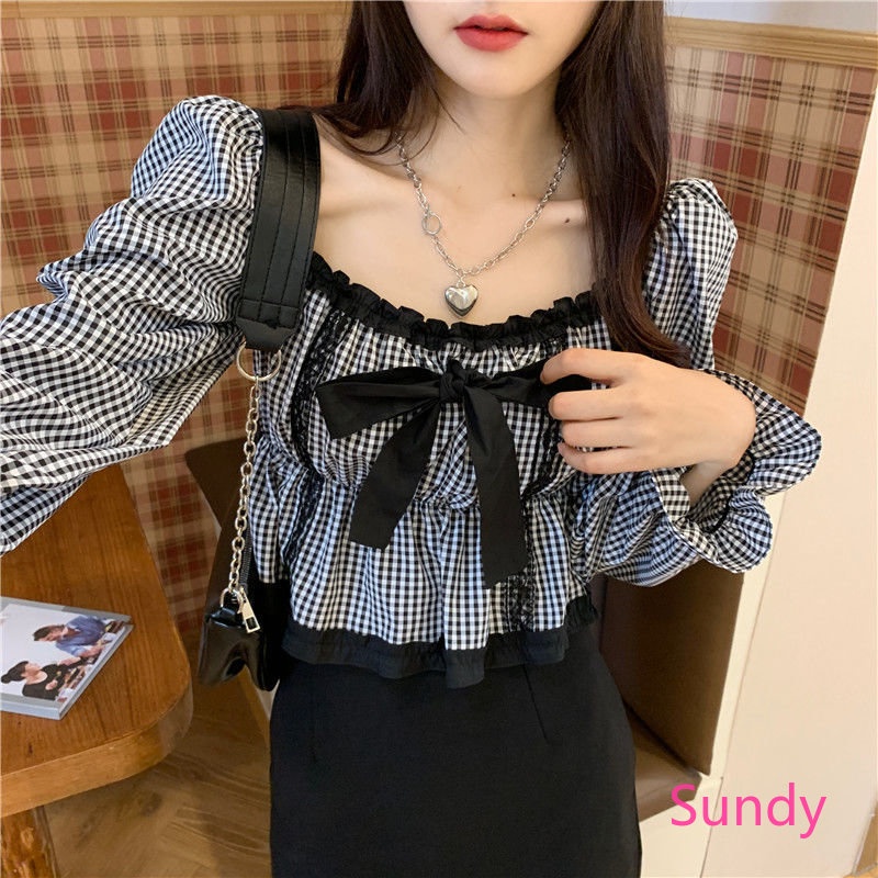 Áo Kiểu Tay Phồng Cổ Vuông Thắt Nơ Họa Tiết Sọc Caro Thời Trang Mùa Xuân Cho Nữ