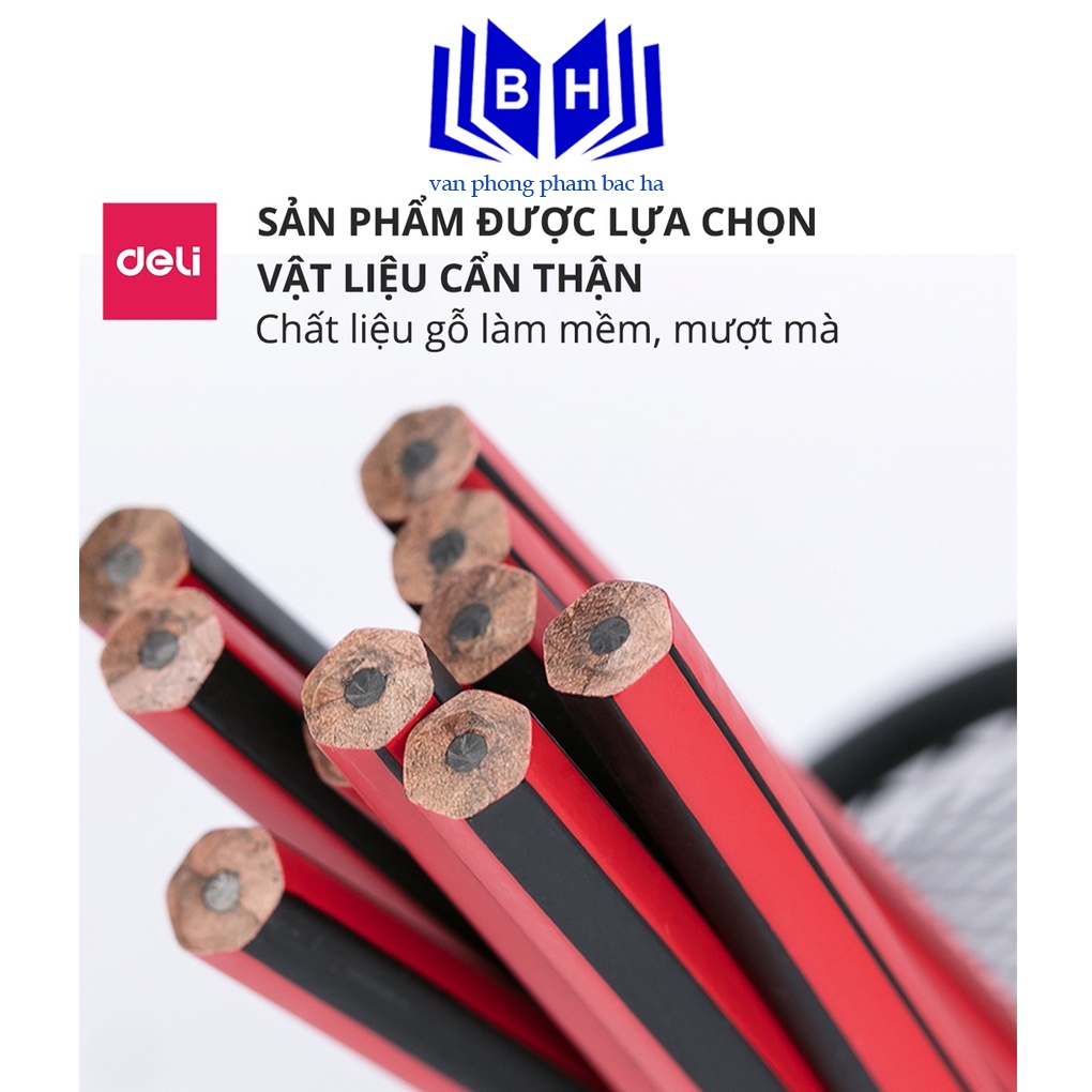 Vỉ 10 bút chì lục giác Deli 2B/HB kèm đầu tẩy - chất liệu gỗ an toàn dễ gọt phù hợp với học sinh văn phòng 33158