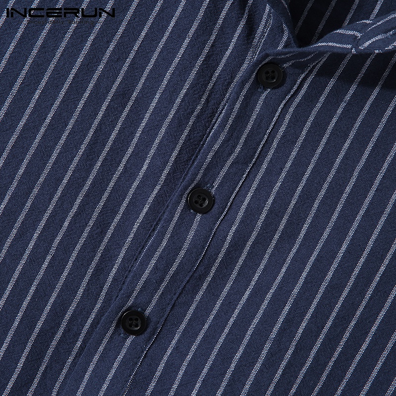 Áo sơ mi INCERUN ngắn tay cổ chữ v họa tiết kẻ sọc cài nút thời trang cho nam