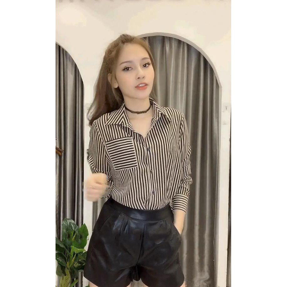 Áo Sơ Mi Nữ, Áo Nữ Công Sở, Áo Sơ Mi Nữ Sọc Chất Satin ❤️ Freeship ❤️ Sơ Mi Nữ ngắn tay