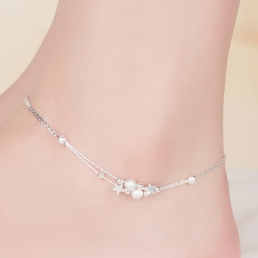 Lắc Chân Bạc 925 Thiết Kế Bi Tròn Ngôi Sao Đan Xen Hàn Quốc UMI JL050