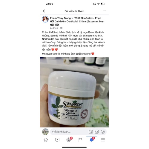 Kem dưỡng ẩm Vitamin K Swanson 5g - Hỗ trợ cải thiện thâm đỏ, đen