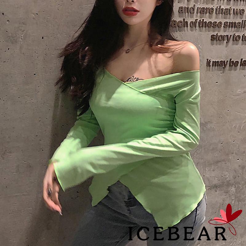 ICE-Women Off Shoulder Wrap Tops Long Sleeve Solid Color Irregular Hem Tight T-Shirts