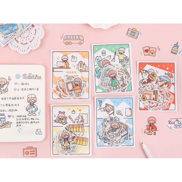 Set 40 Miếng Dán Sticker Cô Bé Cậu Bé Đeo Khẩu Trang Siêu Dễ Thương