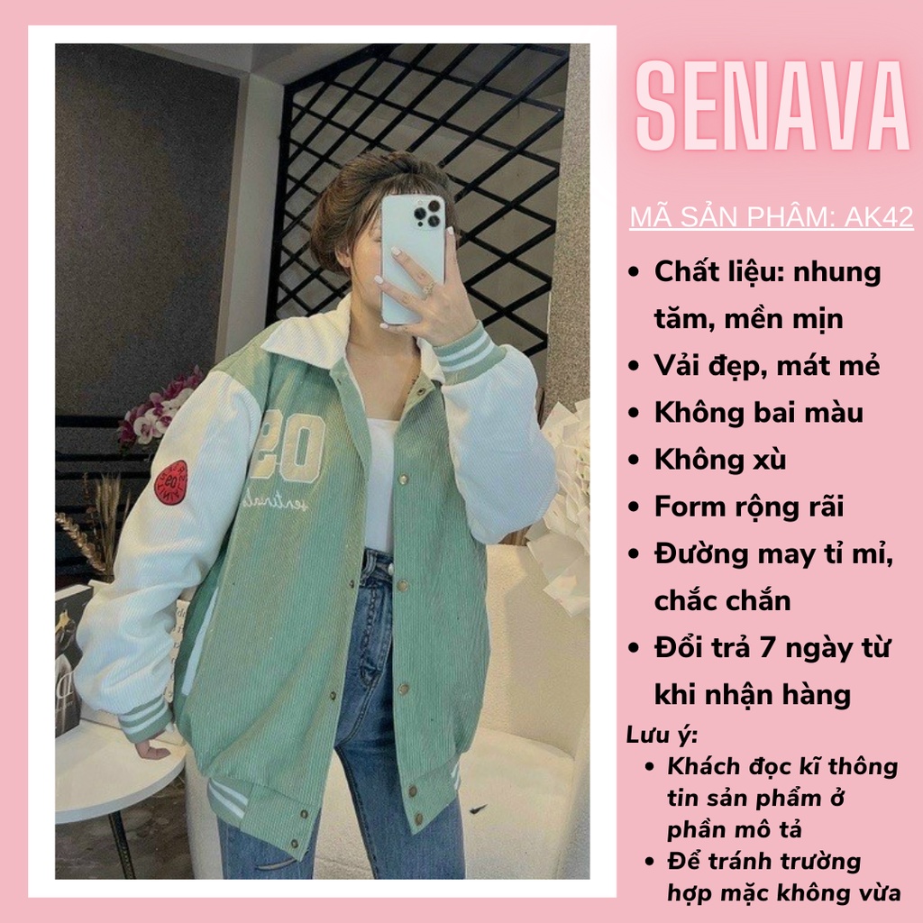 Áo Khoác Bomber Unisex Cổ Bẻ Chất Nhung Tăm Thêu Số 09, Áo Khoác Form Rộng 2 Lớp Chống Nắng Siêu Đẹp SENAVA AK42