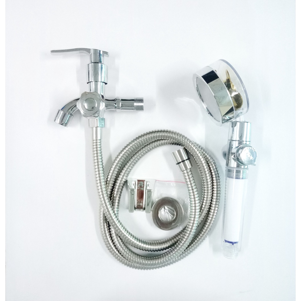 Bộ củ sen hợp kim siêu bền một đường nước lạnh + tay sen quạt thân nhựa trong lõi lọc có nút bật tắt -  QM.CS02.TS029B4