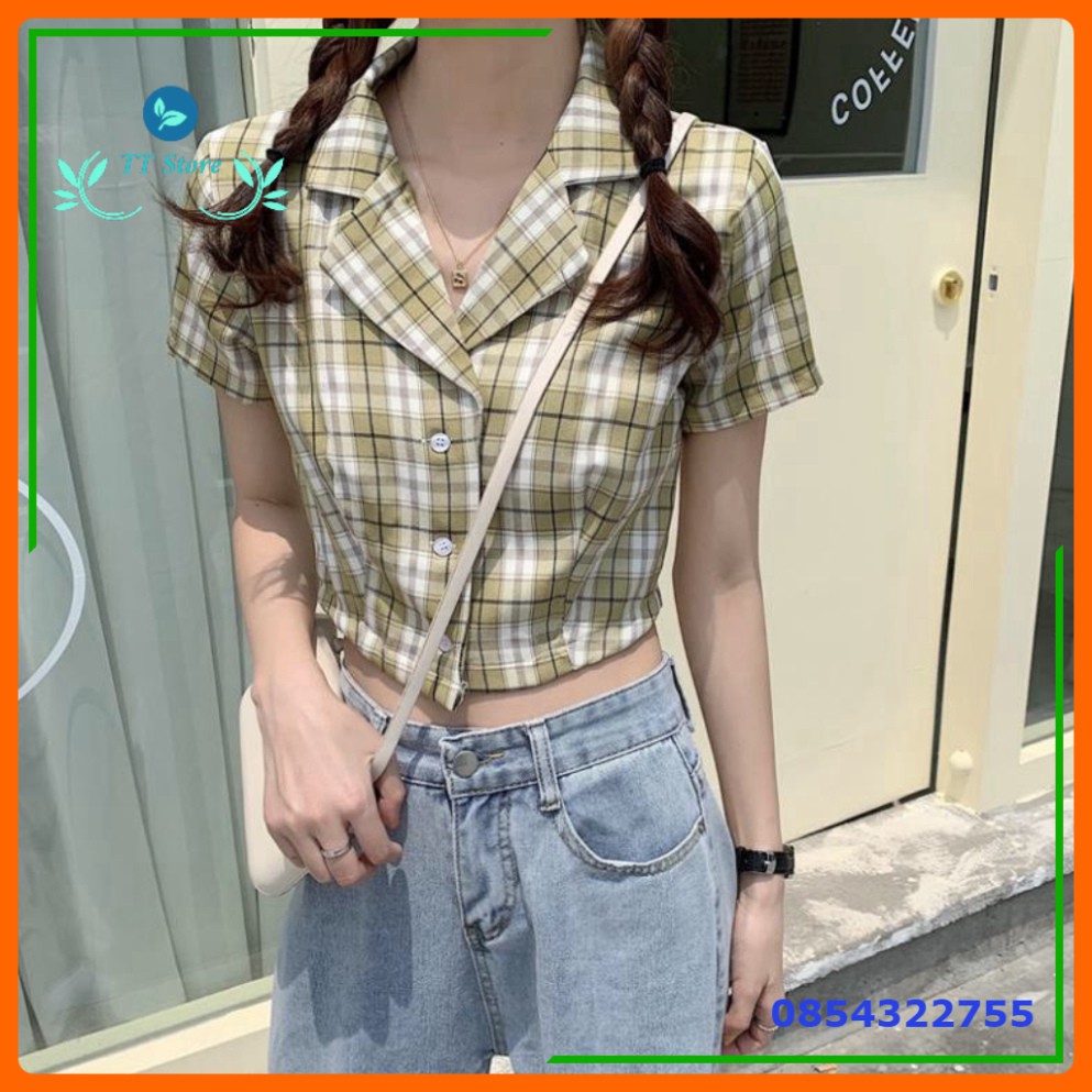 (mới) ÁO SƠ MI CROPTOP TAY NGẮN KẺ SỌC CARO THỜI TRANG CHO NỮ - CROPTOP CARO KẺ TÍM ĐEN ĐỎ HỒNG VÀNG XANH -👗TTshop👑