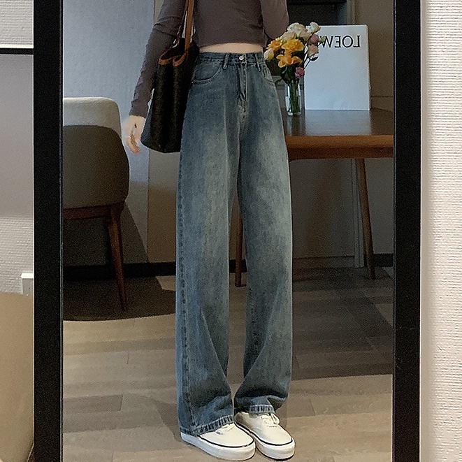 Quần jeans cho nữ lưng cao ống rộng thời trang Hàn Quốc