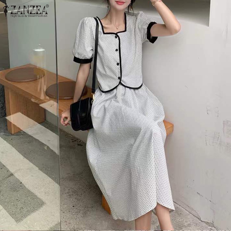 Set Zanzea gồm áo thun ngắn tay cổ vuông + chân váy dài thời trang nữ
