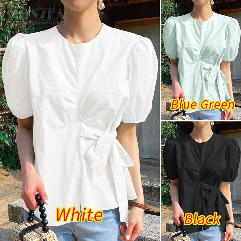 Áo kiểu Zanzea tay ngắn cổ tròn cột dây cài nút phong cách hàn quốc dành cho nữ