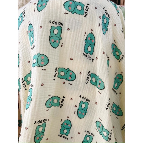 vải xô muslin 2 lớp khủng long happy may đồ bộ dài tay cho bé