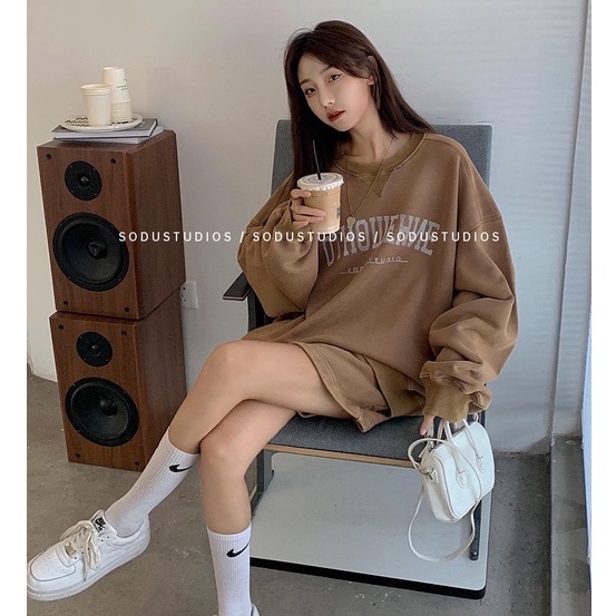 Set Áo Sweater Nỉ OTOWERE Unisex Nam Nữ Form Rộng + Quần Short Ống Rộng Ulzzang