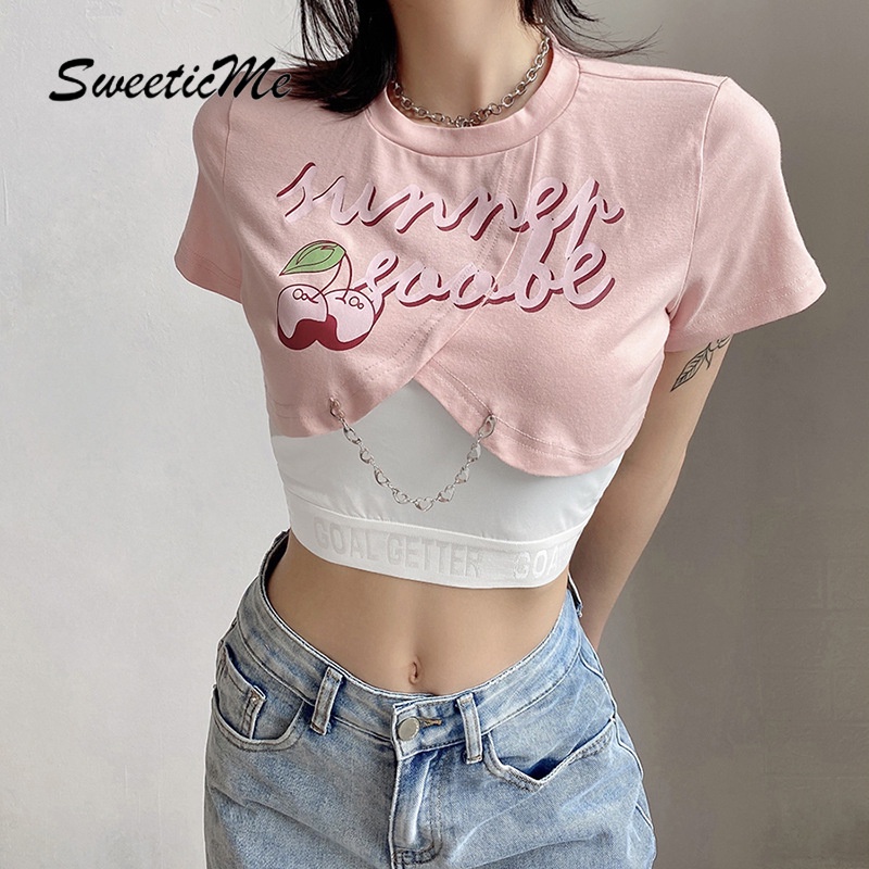 Áo Thun Lửng Tay Ngắn Dáng Ôm In Họa Tiết SweeticMe Thời Trang Cho Nữ