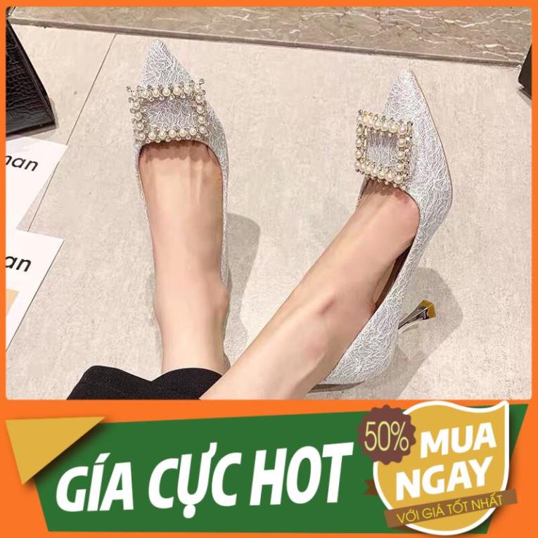 ƯU ĐÃI. QUẢNG CHÂU ODER CHÍNH HÃNG TẬN GỐC giày cao gót ren vân nổi đính logo vuông hạt đá gót kim loại HOT HOT