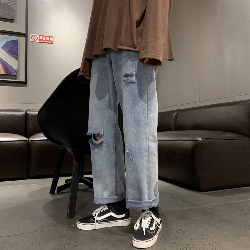 QUẦN BAGGY JEANS ỐNG RỘNG RÁCH DÁNG ĐỨNG PHONG CÁCH HÀN QUỐC-QJR022-THỜI TRANG UNISEX-Dể phối đồ rách gói màu xanh bạc