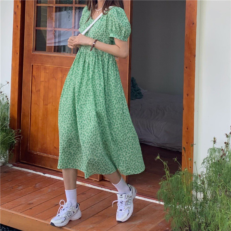 Green Puff Sleeve Floral Dress for Women