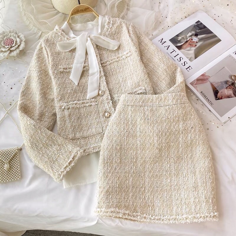 Áo khoác dạ tweed kèm áo sơ mi chân váy ngắn công sở set 3 món