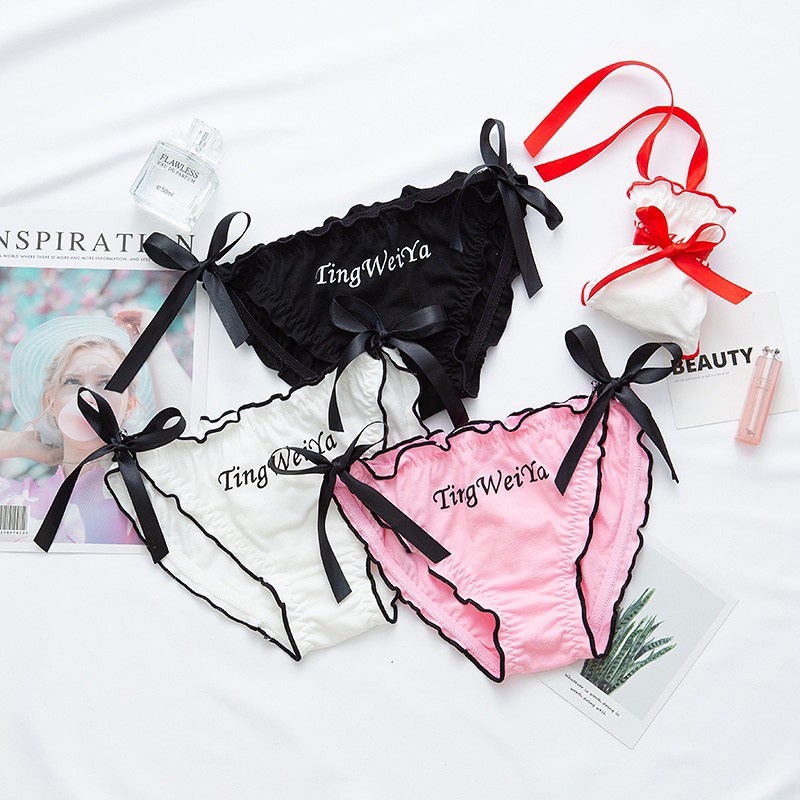 Quần Lót Nữ Cotton sexy cao cấp viền bèo buộc nơ in chữ mỏng mát tôn dáng mẫu 3020