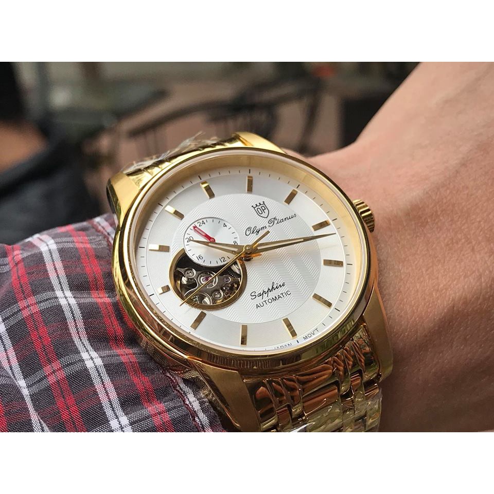 Đồng hồ nam dây kim loại mặt kính chống xước Automatic Olym Pianus OP990-163 OP990-163AMK trắng