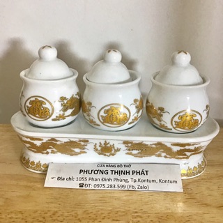 Bộ 3 Ly Nước Cúng Có Nắp Sứ Rồng Vàng