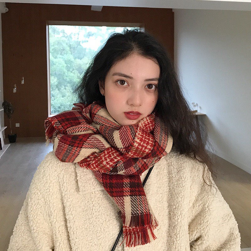Khăn choàng dạ kẻ caro màu đỏ hai mặt, khăn quàng cổ cashmere vintage phong cách Hàn Quốc loại 1 bản to