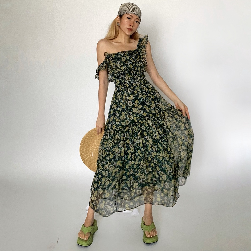 KIOBI – Đầm Floral Fairy form dáng xòe, tay cánh tiên, lưng thun smocking, vải voan tơ Hàn in hoa cúc xanh - KID2151HXL