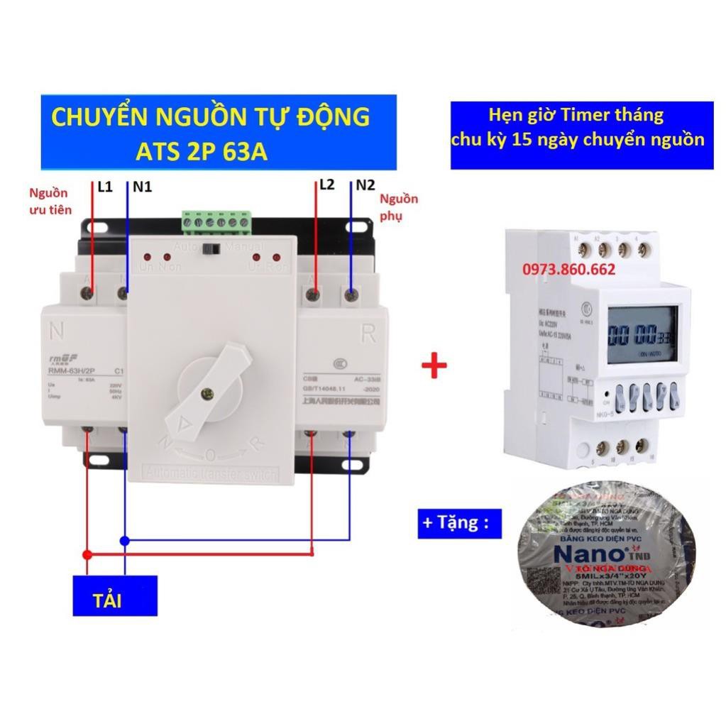 Combo chuyển nguồn tự động ATS 2P 63A + hẹn giờ chu kỳ tháng ( Timer tháng ) - Đấu dây và cài đặt sẵn -TBĐ