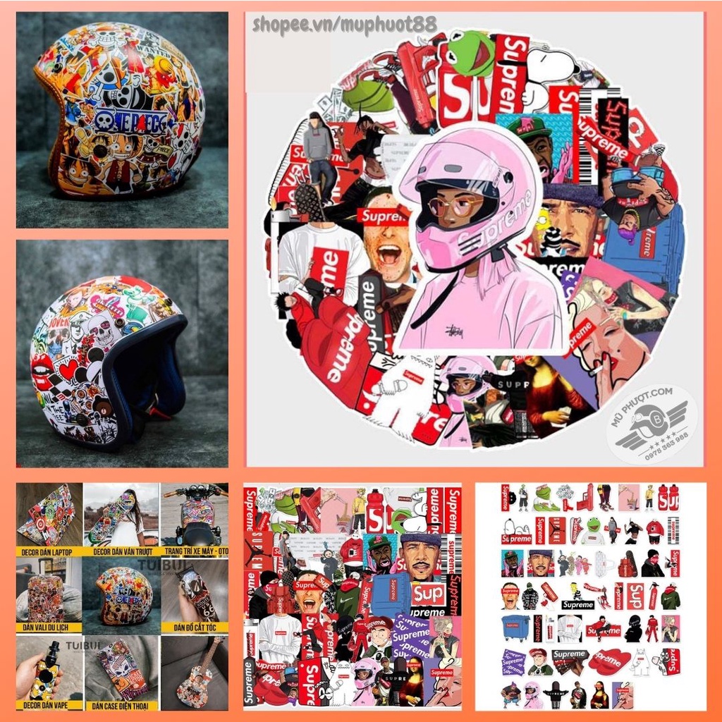 [Set 54 Cái] Bộ Sticker thương hiệu Supreme dán trang trí laptop, mũ nón bảo hiểm, vali, xe tay ga, ván trượt - MP.027