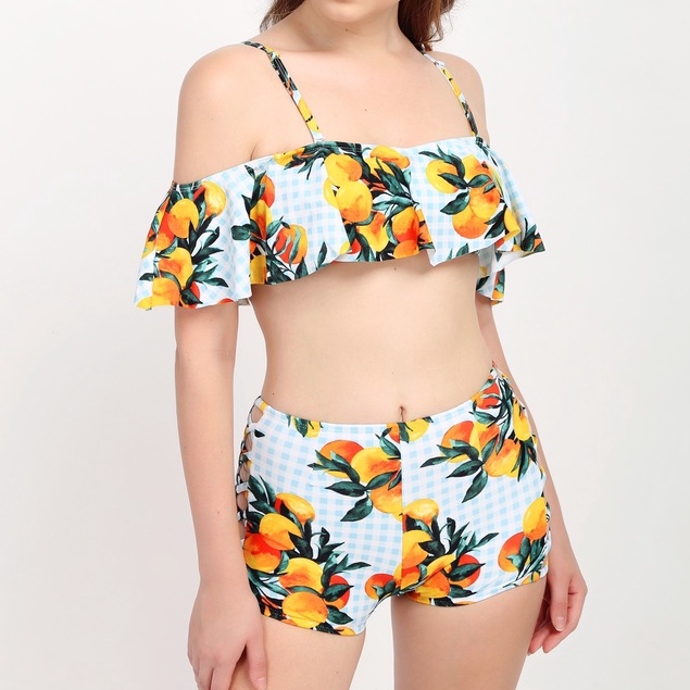 P2P BIKINI - Đồ bơi hai mảnh áo croptop bèo trễ vai, quần short họa tiết trái cam - BTK340HT_LC