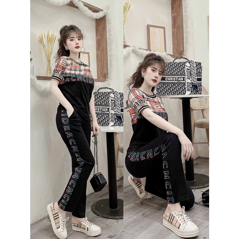 Đồ bộ thể thao thun cotton nữ phối họa tiết viền chữ Bencid