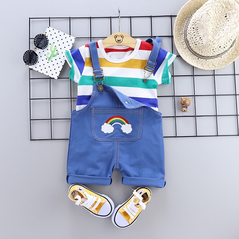 Bộ quần áo Luckycandy tay ngắn kẻ sọc trang trí hình cầu vồng phong cách Hàn Quốc thời trang mùa hè dành cho trẻ em