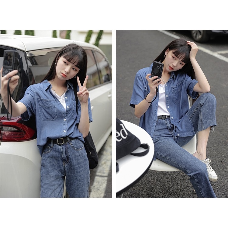 MS683 Áo sơ mi jeans nữ cộc tay hai túi, áo bò túi ngực