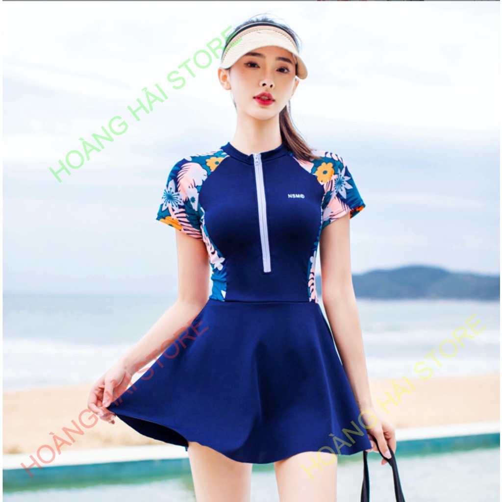 Bộ đồ bơi bikini nữ hai mảnh tay dài che nắng đi tắm biển áo croptop kèm váy liền quần tôn dáng hot trend