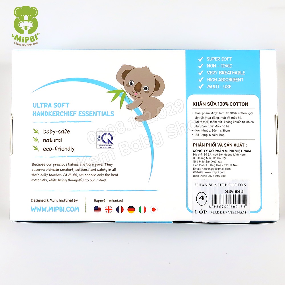Set 10 khăn sữa 100% cotton cho bé Mipbi 28x35cm an toàn cho trẻ sơ sinh