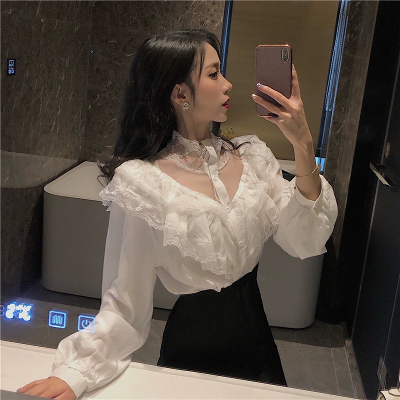 SẴN TRẮNG🎀Áo sơ mi kiểu tiểu thư ren bèo phối lưới cổ tay bo sang chảnh| Áo công chúa phong cách Hàn Quốc